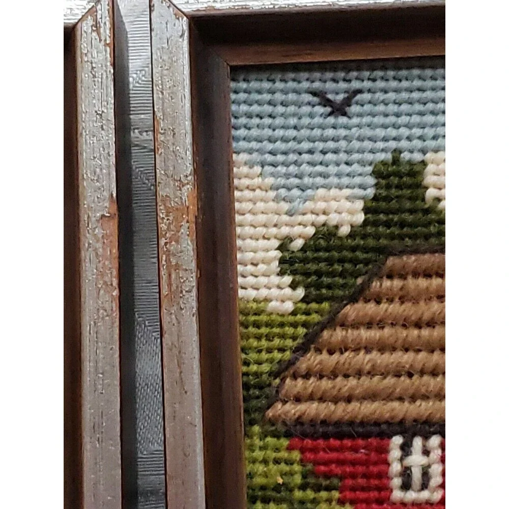 Vintage Jiffy Finished Needlepoint Spring Barn Summer Mill Set 2 Framed Square